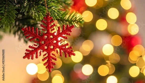 Fototapeta Warm Bokeh Christmas Background: Green Pine Branches with Shiny Red Ornaments and Golden Sparkling Lights, Festive Holiday Greeting Card.