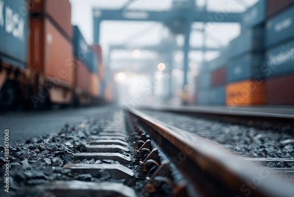 Fototapeta Railway tracks in a foggy container terminal, highlighting freight logistics, cargo transport operations and industrial rail infrastructure