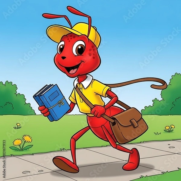 Obraz Animated ant character going to school with book and bag illustration