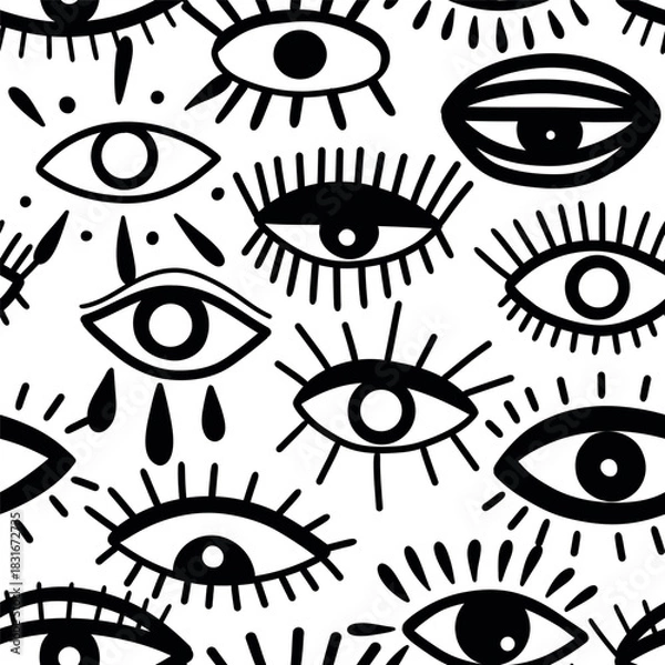 Obraz Abstract pattern of on black  eyes. Hand-drawn vector doodle.