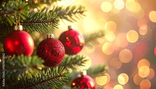 Fototapeta Red Snowflake Christmas Background: Detailed Ornament Hanging on Pine Branch with Warm Golden Bokeh Lights, Winter Holiday Decoration Close-up.