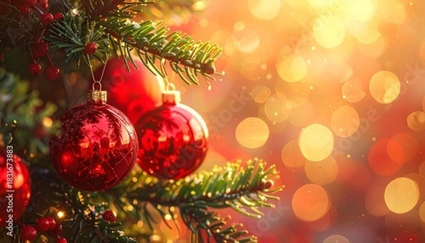 Fototapeta Sparkling Snowflake Christmas Background: Close-up of Red Glitter Decoration on Fir Tree, Focused Detail Against a Bright, Blurred Light Backdrop.