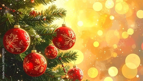 Fototapeta Red Glitter Snowflake Christmas Background: Detailed Ornament on a Pine Branch with Warm Golden Bokeh Lights, Festive Winter Holiday Close-up.