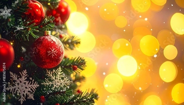 Fototapeta Elegant Winter Christmas Background: Detailed Red Crystal Snowflake on Green Branch, Lit by Soft Yellow Lights, Perfect for Cards or Banners.