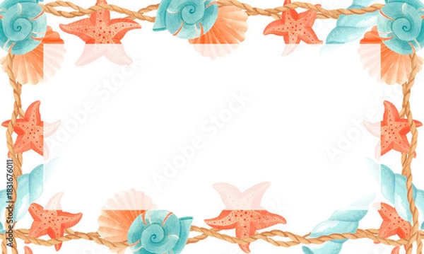 Fototapeta Watercolor sea frame with coral and blue seashells, starfish and nautical ropes with space for text. Rectangular marine border for invitations, summer cards, beach party designs, spa branding, posters