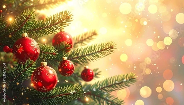 Fototapeta Festive Christmas Background: Decorated Pine Branches, Shiny Red Ornaments, and Warm Golden Lights with Bokeh Effect.