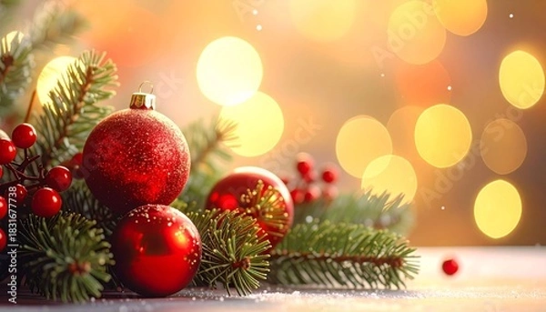 Fototapeta Sparkling Christmas Background: Close-up of Decorated Evergreen Branches, Red Glass Balls, and Magical Gold Light Blurs.