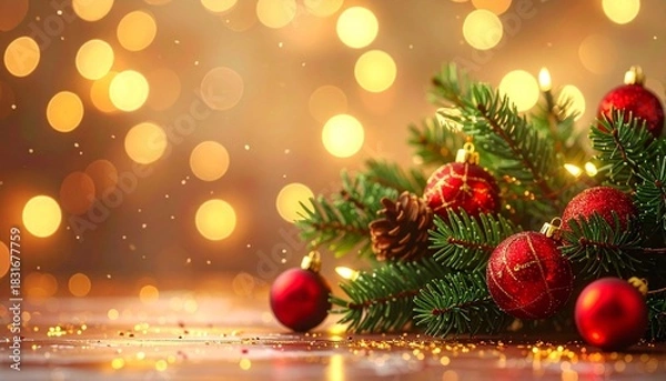 Fototapeta Magical Christmas Background: Holiday Tree Details, Red Decorations, and Beautiful Golden Bokeh. Shallow Depth of Field.