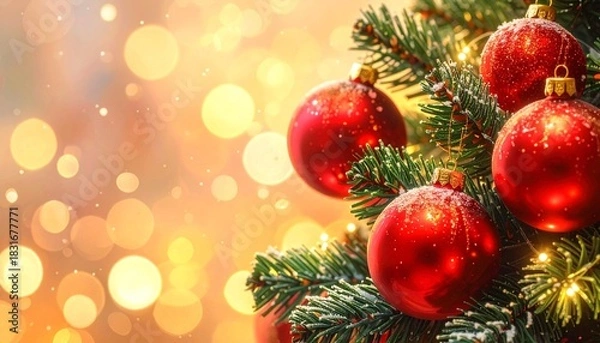 Fototapeta Luxurious Christmas Background: Detailed Fir Tree with Red Baubles and Bright Gold String Lights. Perfect for Holiday Design.