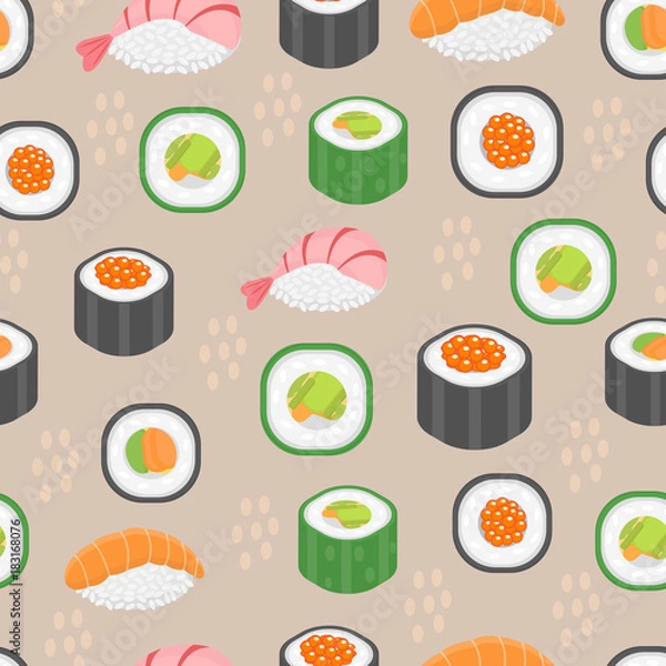 Fototapeta Sushi set seamless pattern. Rolls endless background. Japanese cuisine repetitive texture. Backdrop, wallpaper. Vector illustration