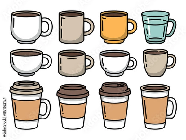 Obraz A collection of assorted coffee cups and mugs are displayed in rows against a white background.