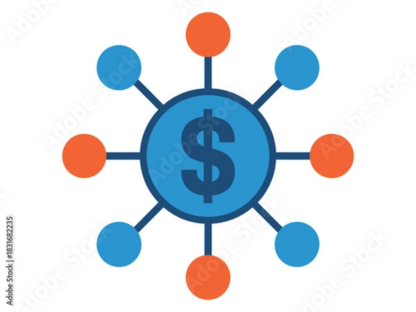 Obraz A central dollar sign connected to smaller circles, representing financial distribution or network.