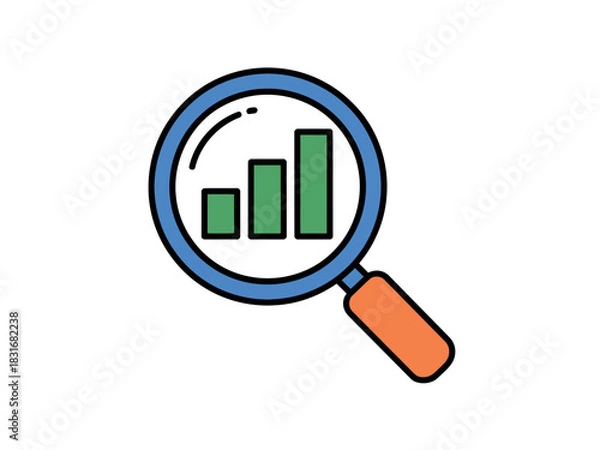 Obraz Magnifying glass reveals growth bars on a white background, symbolizing business analysis and financial progress.