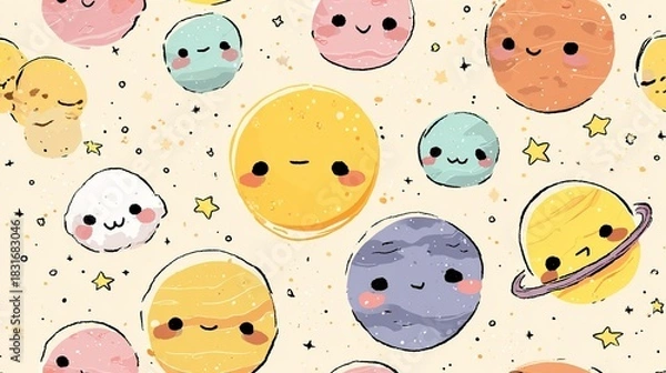 Obraz Kawaii Cute Planets Pattern – Adorable Space Illustration Background