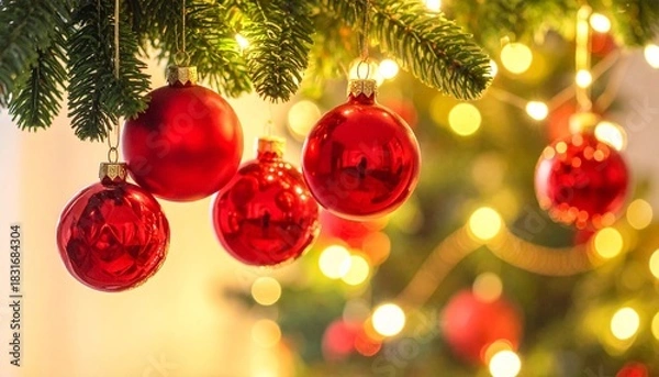 Fototapeta Close-up Christmas Background: Vibrant Red Ornaments Hanging from Green Fir Branches with Warm Golden Bokeh Lights.