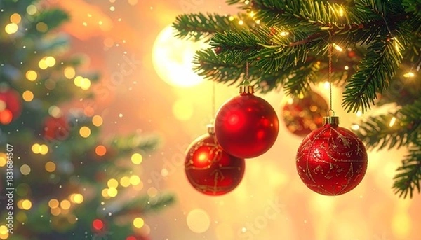 Fototapeta Bright Christmas Background: Detailed View of Shiny Red Glass Balls and Natural Evergreen Foliage.