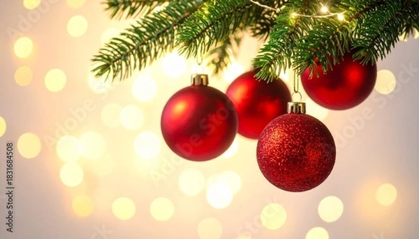 Obraz Elegant Christmas Background: Traditional Red Baubles on Pine Tree Needles and Soft Festive String Lights.