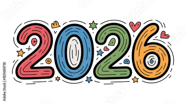 Fototapeta Year 2026: A vibrant and colorful graphic showcasing the year 2026, embellished with playful details. It's a whimsical representation of the upcoming year.