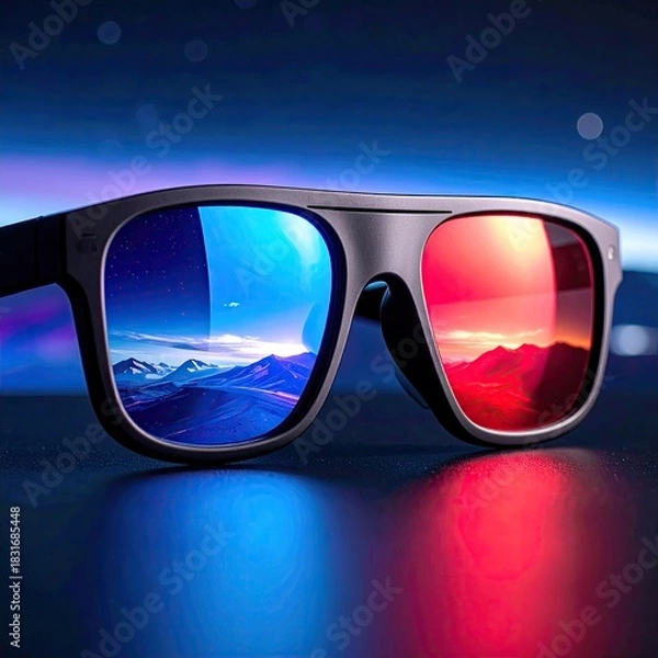 Fototapeta Reflected landscapes in 3D glasses on a dark surface