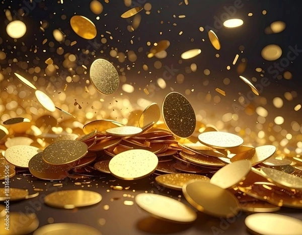 Fototapeta Golden coins cascade, pile up; dark backdrop