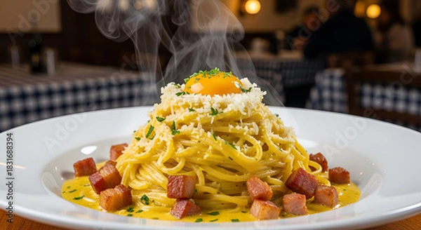 Fototapeta Indulge in delicious steaming hot carbonara with egg yolk and crispy pancetta - a classic Italian dish, perfect for restaurant menus and food blogs