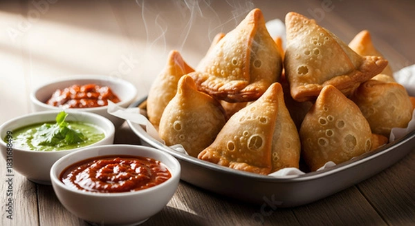 Fototapeta Delicious, Steaming Samosas with Tempting Chutneys for Authentic Indian Cuisine Ads and Food Blog Posts, Perfect for Takeout Menus and Catering Services