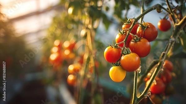 Fototapeta Fresh Ripe Cherry Tomatoes Growing on Vine in Sunlit Greenhouse