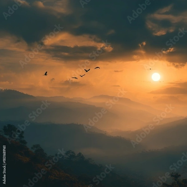 Fototapeta Majestic Golden Sunset Over Mountain Range with Flying Birds – Scenic Nature Landscape