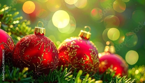 Fototapeta Macro Christmas Background: Red Baubles on Pine Needles with Bright Green and Gold Bokeh Lights. Festive Close-up.