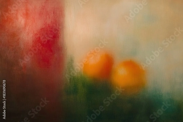 Fototapeta Blurry still life red pitcher, oranges, green surface
