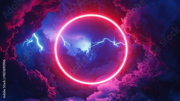 Fototapeta Neon ring with lightning in pink and blue stormy clouds