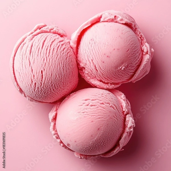 Fototapeta Three scoops of light pink ice cream on a pink background