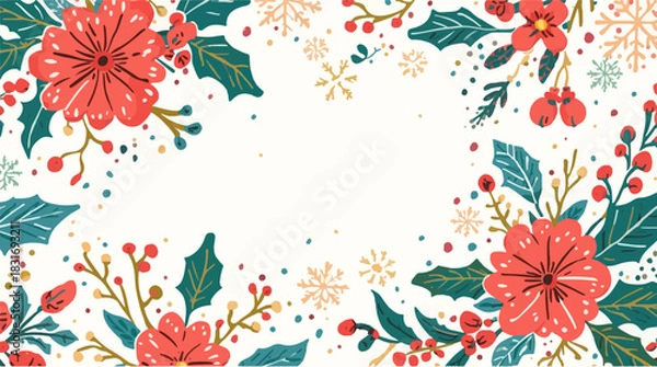 Obraz Vector illustration of a festive Christmas decoration featuring floral patterns and colorful sprinkles in a flat design style, with bold lines, vibrant hues of red