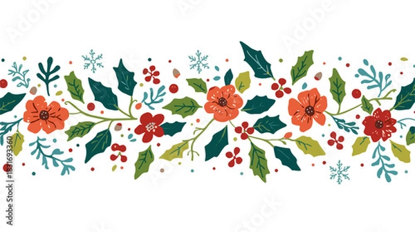 Obraz  illustration of a festive Christmas decoration featuring floral patterns and colorful sprinkles in a flat design style, with bold lines, vibrant hues of red with png Transparent 