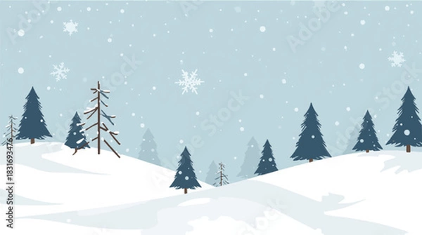Obraz Vector illustration of a winter scene with a flat design aesthetic, featuring bold lines, minimal shading, and a limited color palette, with snowflakes, trees