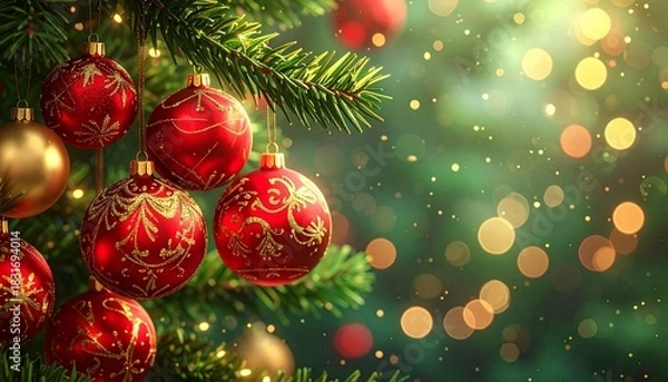Fototapeta Elegant Christmas Background: Ornate Red and Gold Decorations Hanging from Fir Tree. Festive Blurred Backdrop.