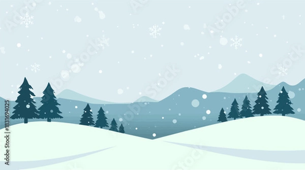Obraz Vector illustration of a winter scene with a flat design aesthetic, featuring bold lines, minimal shading, and a limited color palette, with snowflakes, trees