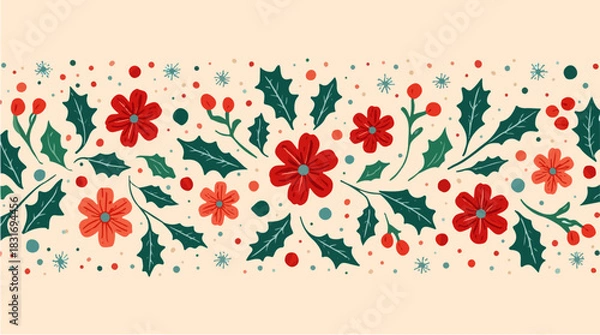 Obraz Vector illustration of a festive Christmas decoration featuring floral patterns and colorful sprinkles in a flat design style, with bold lines, vibrant hues of red