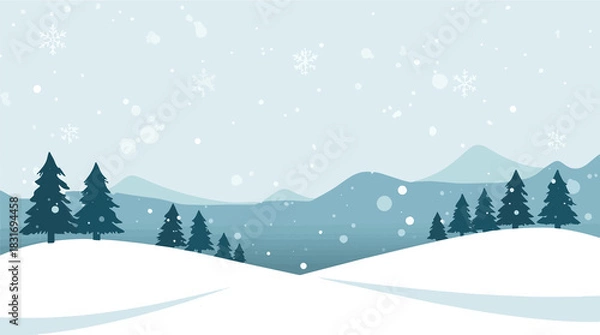 Obraz illustration of a winter scene with a flat design aesthetic, featuring bold lines, minimal shading, and a limited color palette, with snowflakes, trees with png tranparent