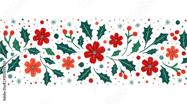 Obraz  illustration of a festive Christmas decoration featuring floral patterns and colorful sprinkles in a flat design style, with bold lines, vibrant hues of red with png Transparent 