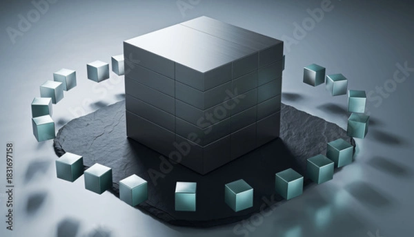 Fototapeta Metal cube on stone base surrounded by small cubes