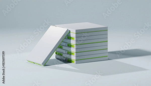 Fototapeta Stack of White Boxes with Green Accents in Studio