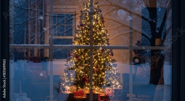 Fototapeta Beautifully lit christmas tree with colorful lights displayed in a window during the winter season