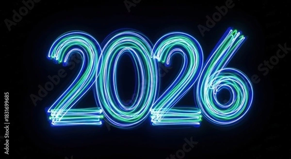 Fototapeta 2026 neon light sign with glowing blue and green digits on dark background