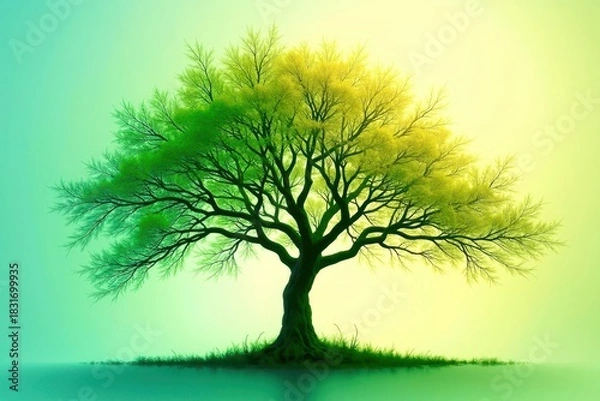 Fototapeta A tree is the main focus of this image, standing tall and green in a field