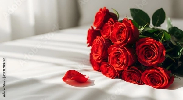 Fototapeta Stunning red roses convey romance and love for Valentine's Day or anniversaries, perfect for creating heartfelt designs and expressing deep affection