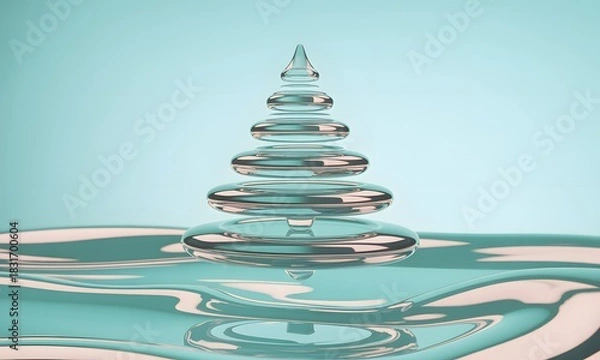 Fototapeta Stunning abstract glass Christmas tree on liquid waves against a light blue backdrop creates a serene festive scene for holiday promotions and modern designs