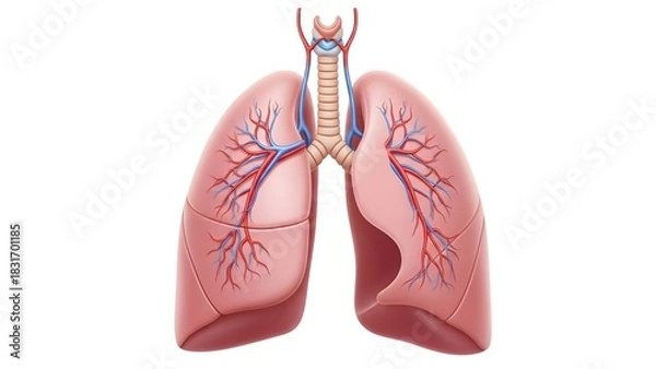 Obraz Anatomical illustration of human lungs and trachea showing bronchi and blood vessel branching isolated on white background