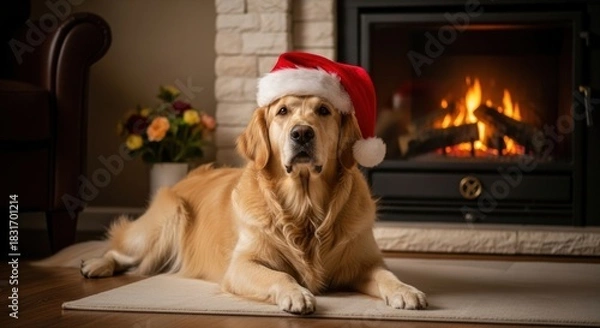 Fototapeta Golden retriever dog wearing a santa hat relaxing in front of a fireplace during the holiday season