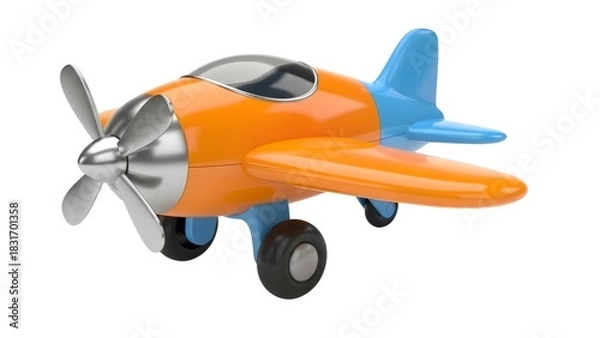 Obraz Small orange and blue toy airplane with propeller and wheels isolated on white background